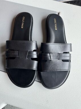 Cole Haan Black Leather Slide Sandals with Cutout Straps